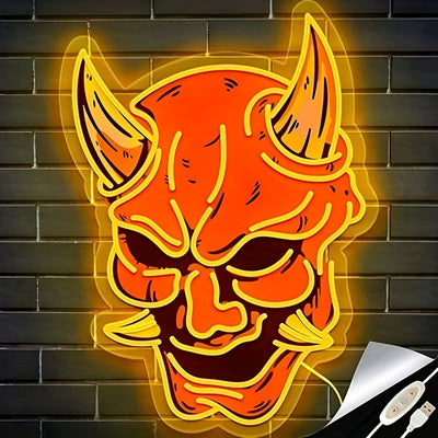 Hannya Demon LED Neon Sign, 1pc Yellow Japanese Noh Mask Wall Art, USB Powered with Push Button Control, Pre-Drilled for Easy Hanging, Versatile Decor for Gaming Room, Bar, Party - Non-Changeable Illumination