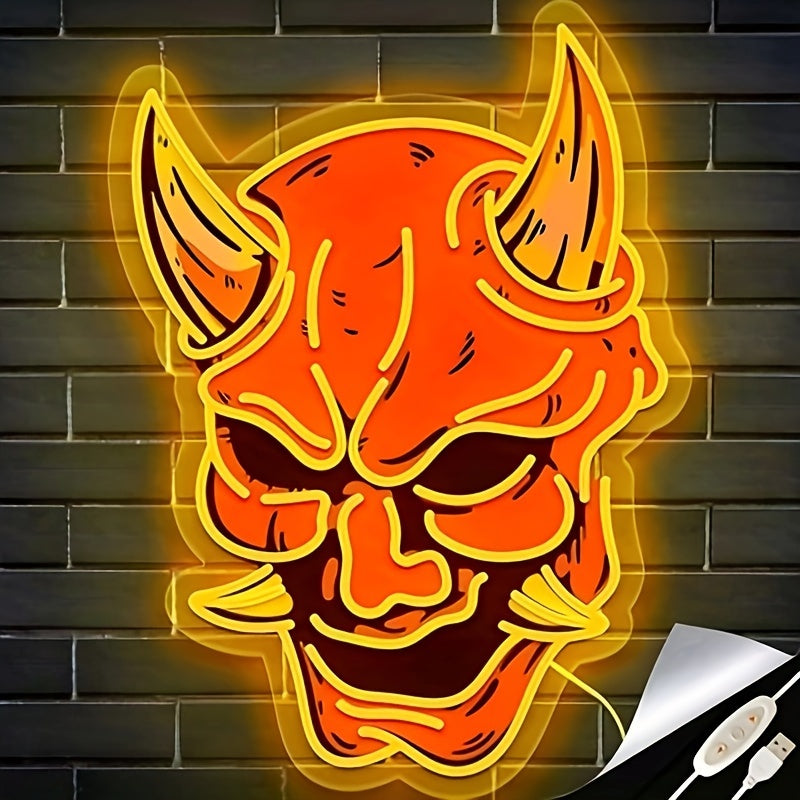Hannya Demon LED Neon Sign, 1pc Yellow Japanese Noh Mask Wall Art, USB Powered with Push Button Control, Pre-Drilled for Easy Hanging, Versatile Decor for Gaming Room, Bar, Party - Non-Changeable Illumination