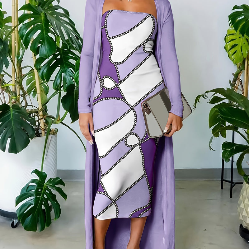 👗 Robe bandeau élégante à motif géométrique (avec cardigan long)