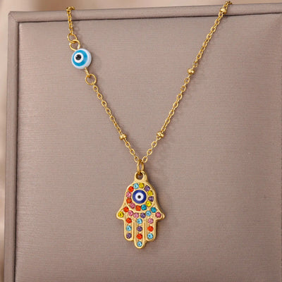Collier Hamsa Main de Fatima - Mauvais Oeil & Cristaux Multicolores - Or / Argent