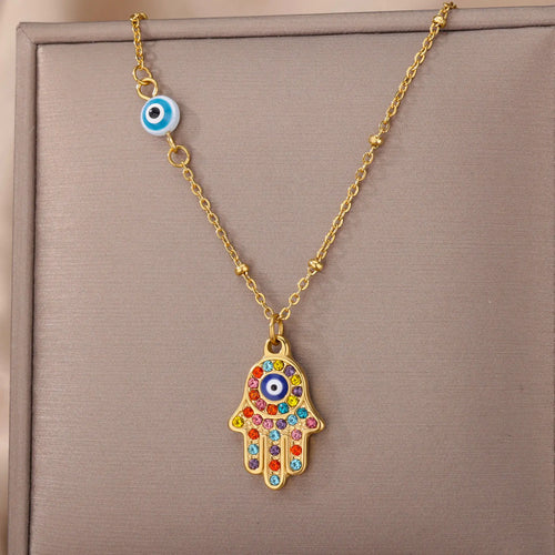 Collier Hamsa Main de Fatima - Mauvais Oeil & Cristaux Multicolores - Or / Argent