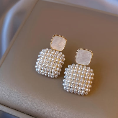 Boucles d’oreilles pendantes avec perle artificielle blanche en forme carrée, plaquées or 18K, design simple, bijou pour femme, cadeau, 1 paire